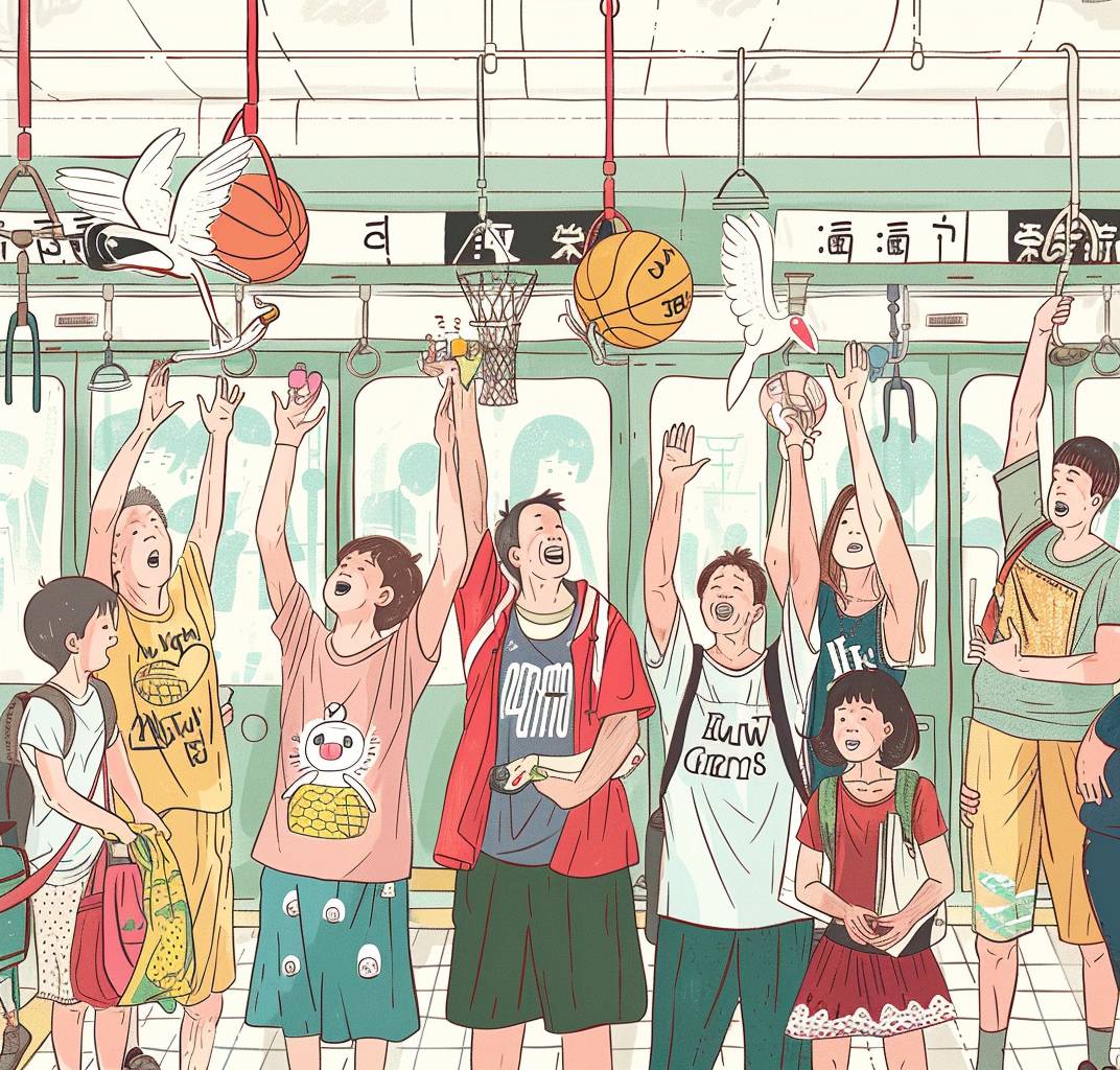 In the subway, Asian people wear basketball jerseys and hold onto cranes with their hands raised high to shape cartoon characters. The background is white with colorful lines depicting indoor scenes. The handdrawn illustrations are in a simple style, with children holding sports equipment on the left side, women wearing dresses on both sides, men standing up, an old woman sitting down with shopping bags next to her, white walls and green windows, and gray floor tiles.