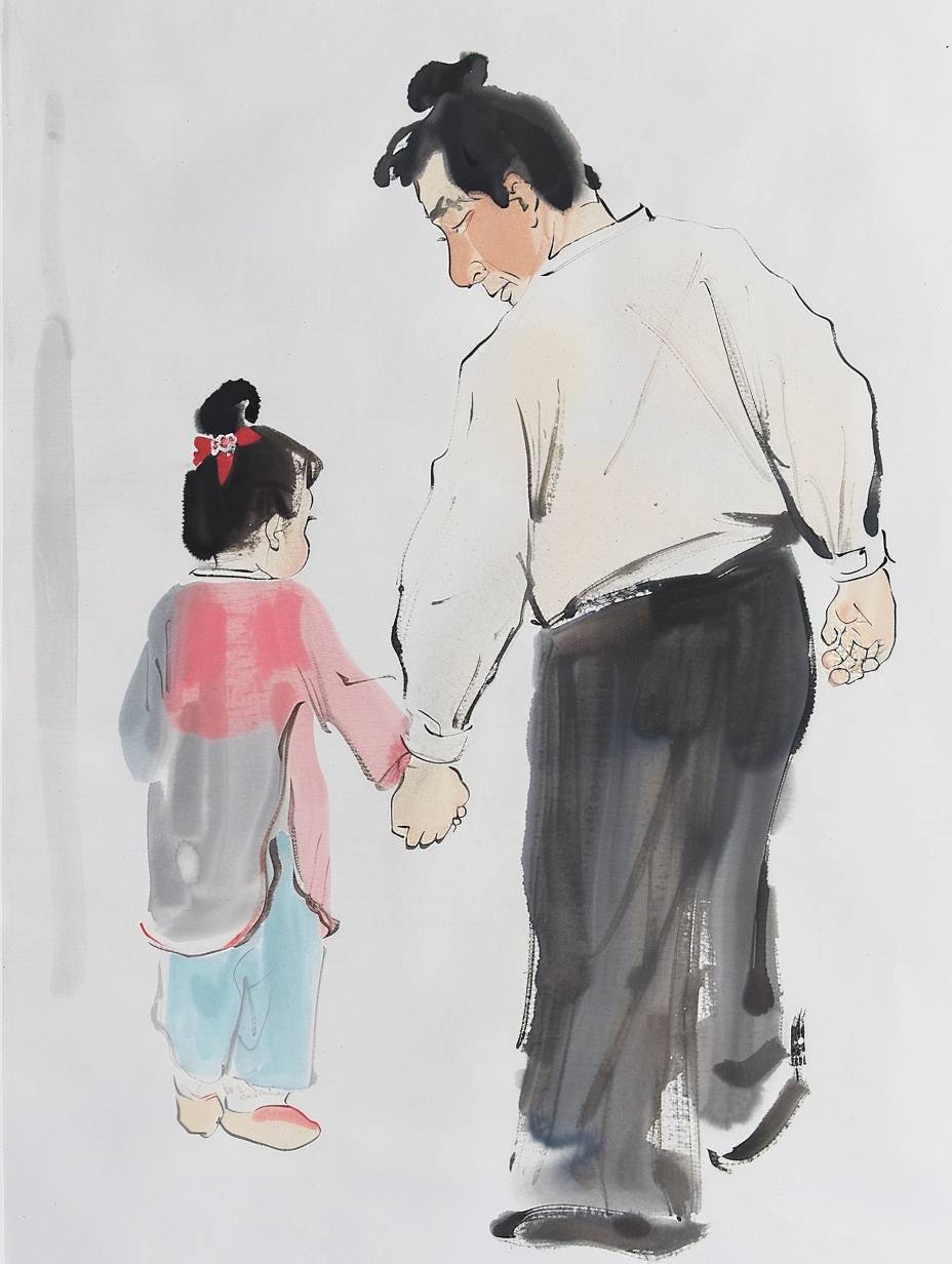 Chinese painting in the style of Wu Guanzhong, ink artistic conception, Dad holding his little daughter's hand, close-up ,white background, colorful, simple composition, Chinese brush strokes, large areas left blank, rice paper texture --no logo,watermark,autograph --ar 3:4 --style raw --stylize 1  --v 6.0.