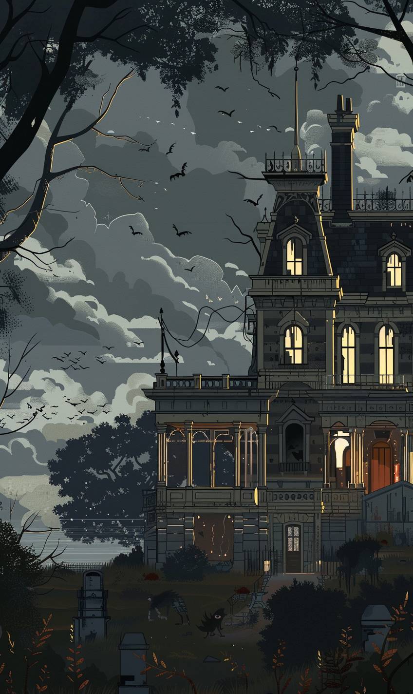 In the style of Chris Ware, a haunted manor shrouded in mystery and darkness --ar 3:5  --v 6.0