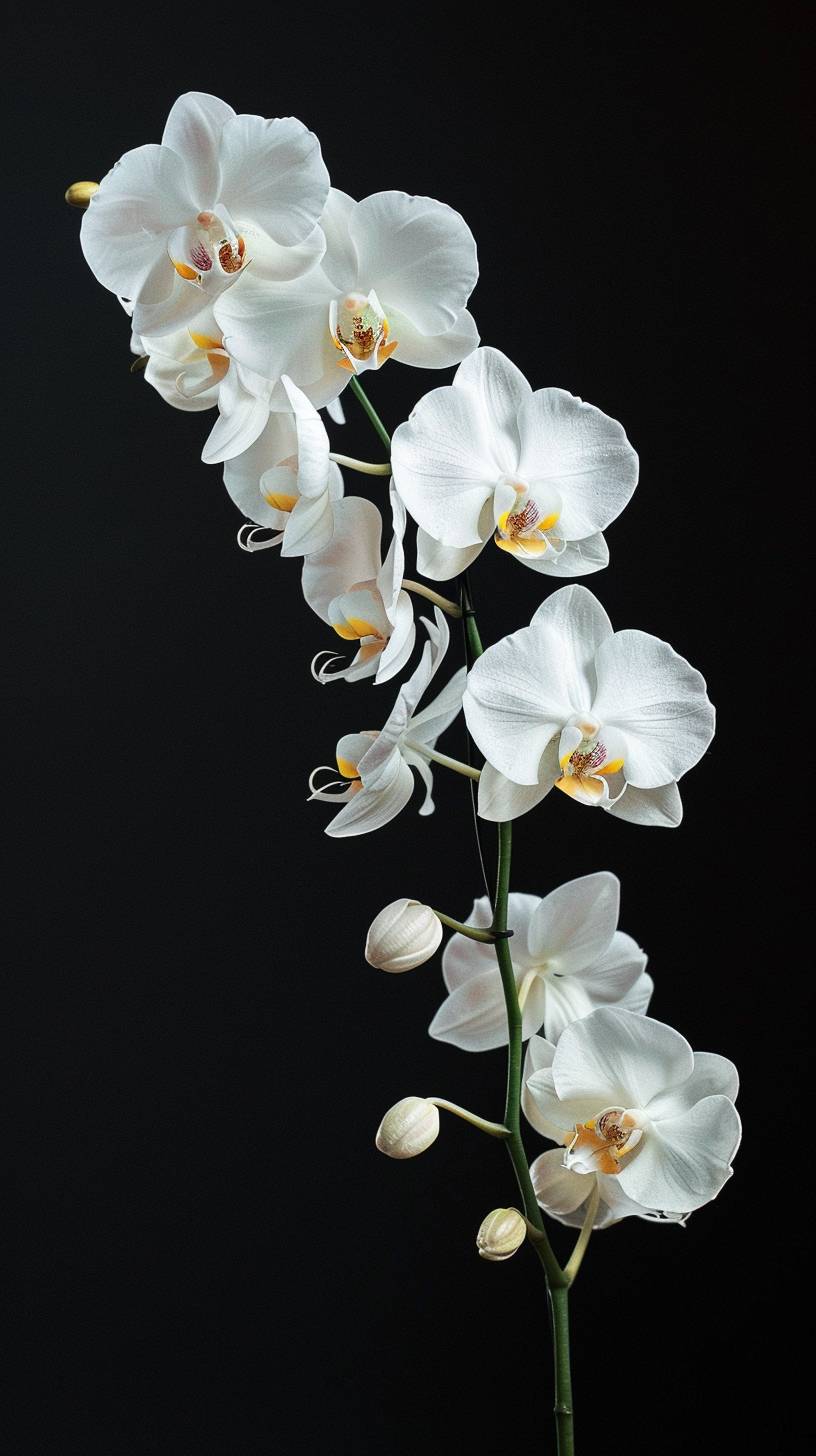 Hyper realistic, ultra detailed white single orchid on a black background