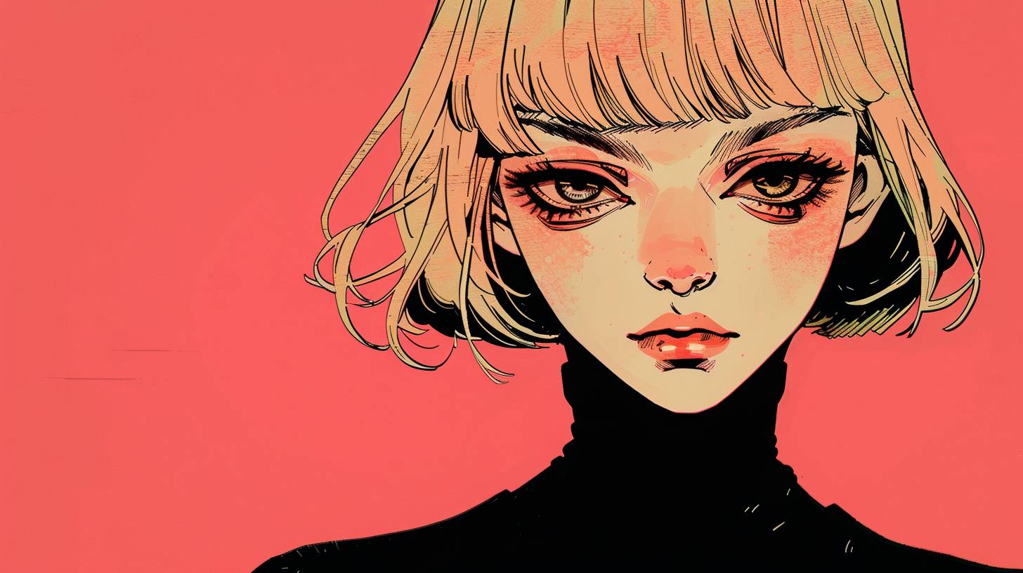 The anime girl is wearing black and has blond hair, contrasting shadows, dark pink, pulp comics, leather/hide, elegant, emotive faces, stipple, poster art, neo-punk rebellion, light beige face skin, anti-gloss, in the style of pop art iconography, one color face skin, Studio Ghibli style