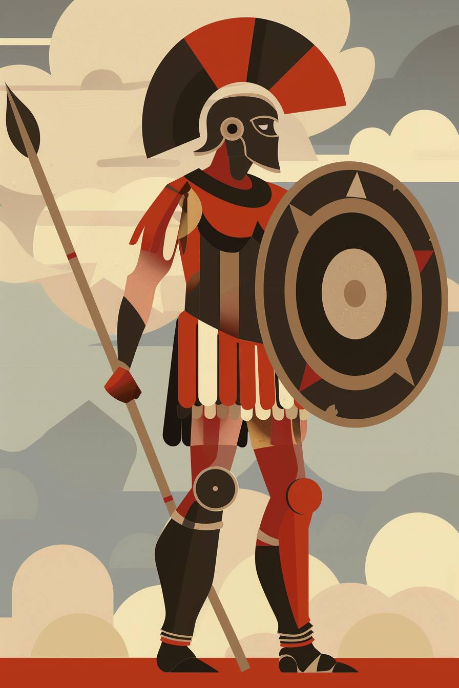 In the style of Edward Bawden, warrior character, full body, flat color illustration