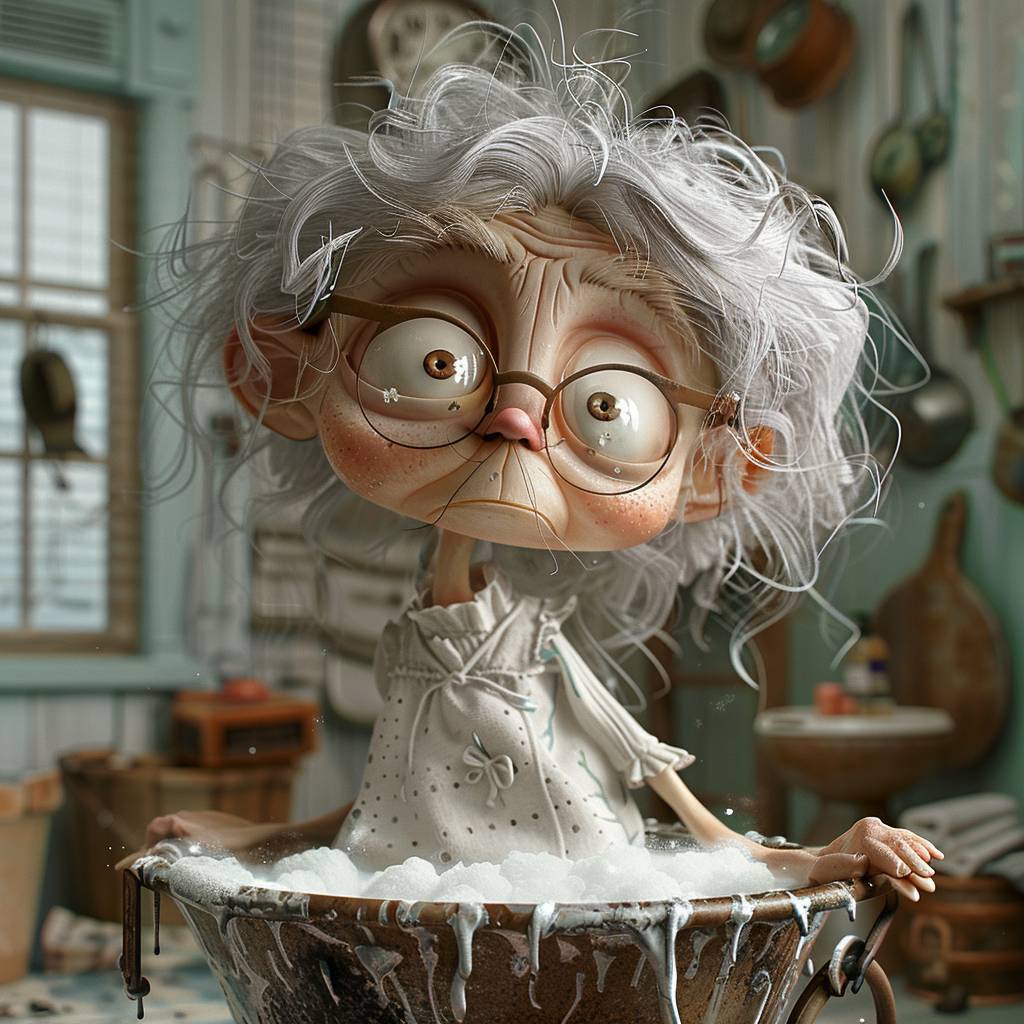 3D illustration with complex and precise lines of a grandmother from the 60s, she has messy grey hair and big glasses, she is wearing a white frilly blouse, a skirt and an apron, in front of her on the old stool is an old washboard made of beech wood and metal in an old zinc tub, she is rubbing an old nightgown on the washboard, around her is some foam dripping from the tub. In the background is an old laundry room