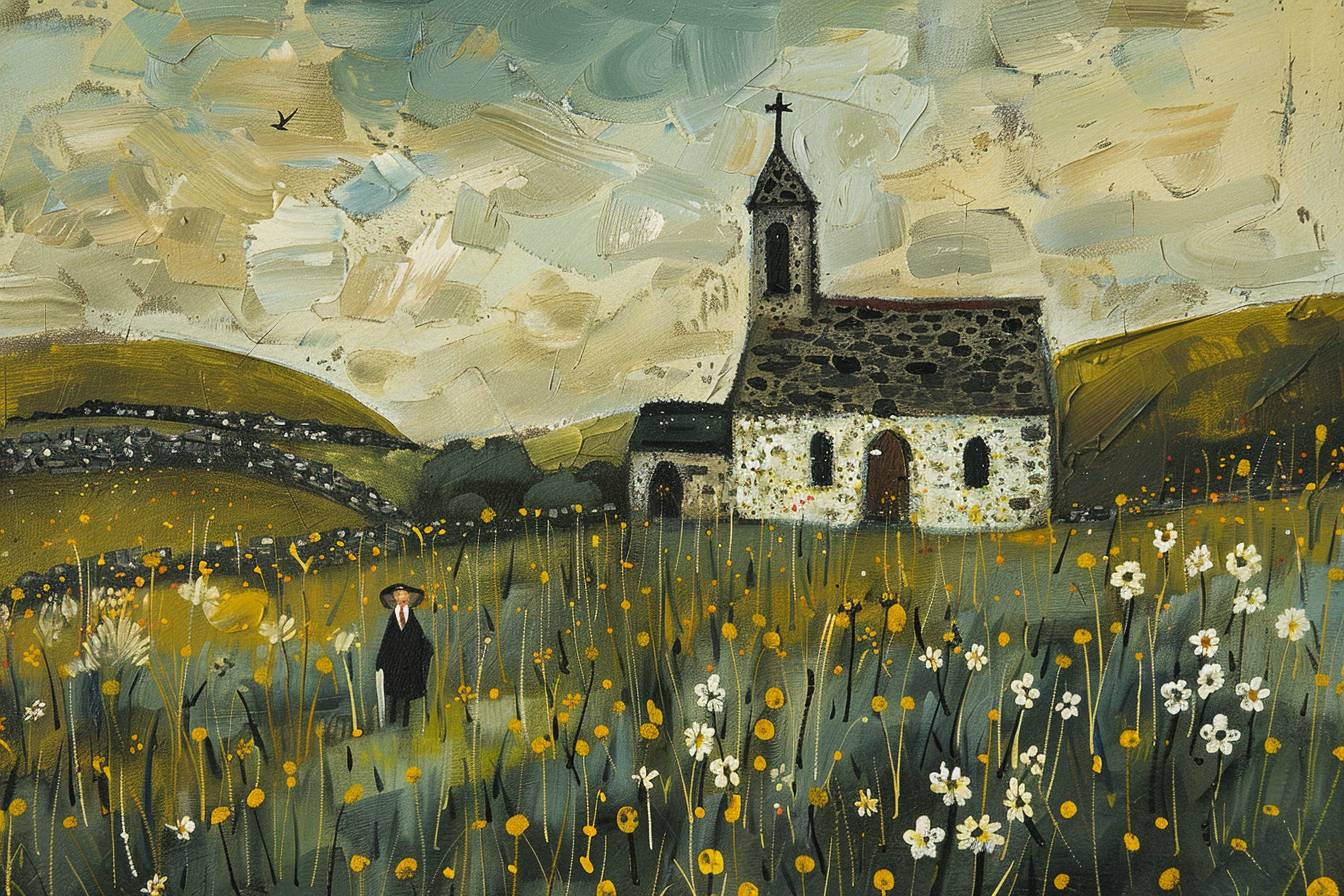 In style of Gary Bunt, stunning natural landscape, church