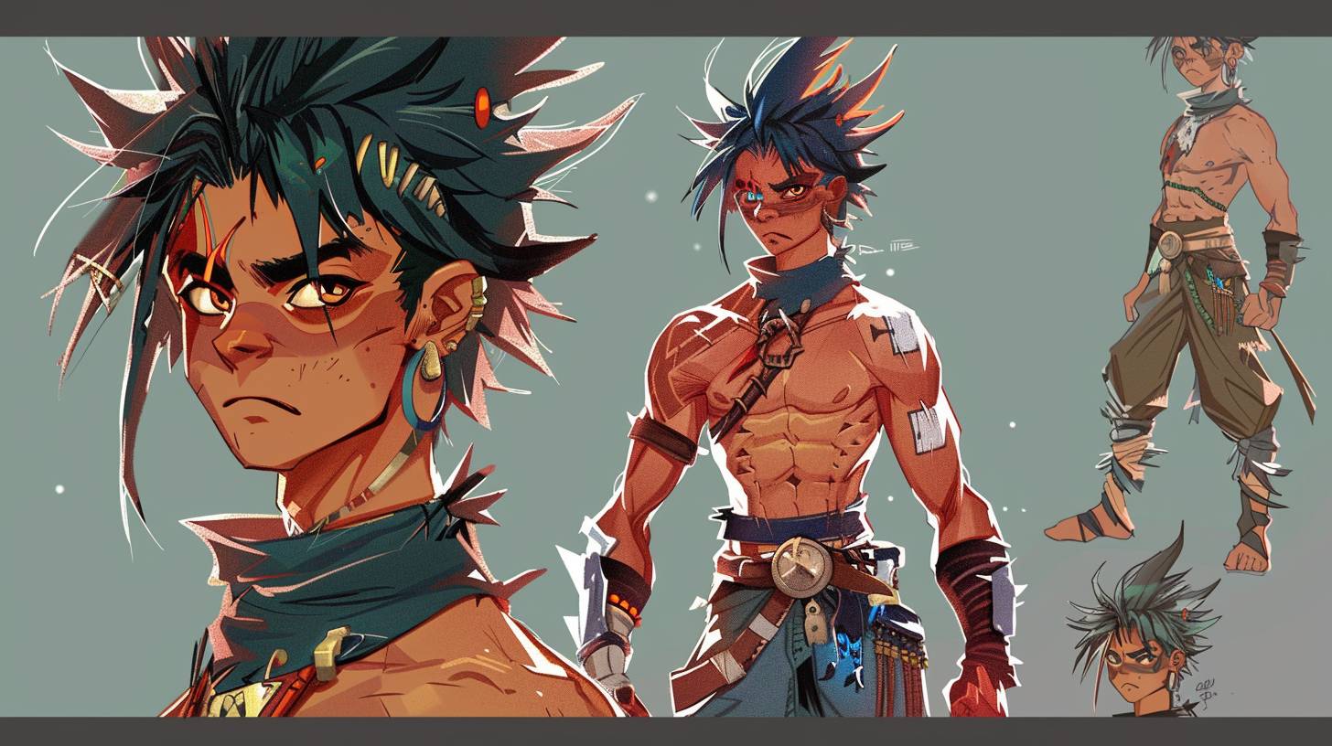 Shonen Character Design featuring a brave warrior, with spiky hair and a scar over one eye, red eyes, capturing the essence of strength, determination and youth, a style focused on dynamic poses, costumes detailed and expressive emotions.