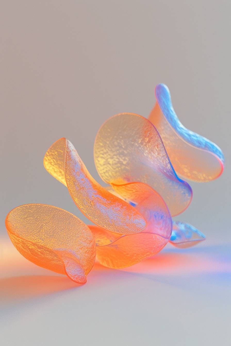 Holographic transparent glass 3D potato chips floating in the air, white background