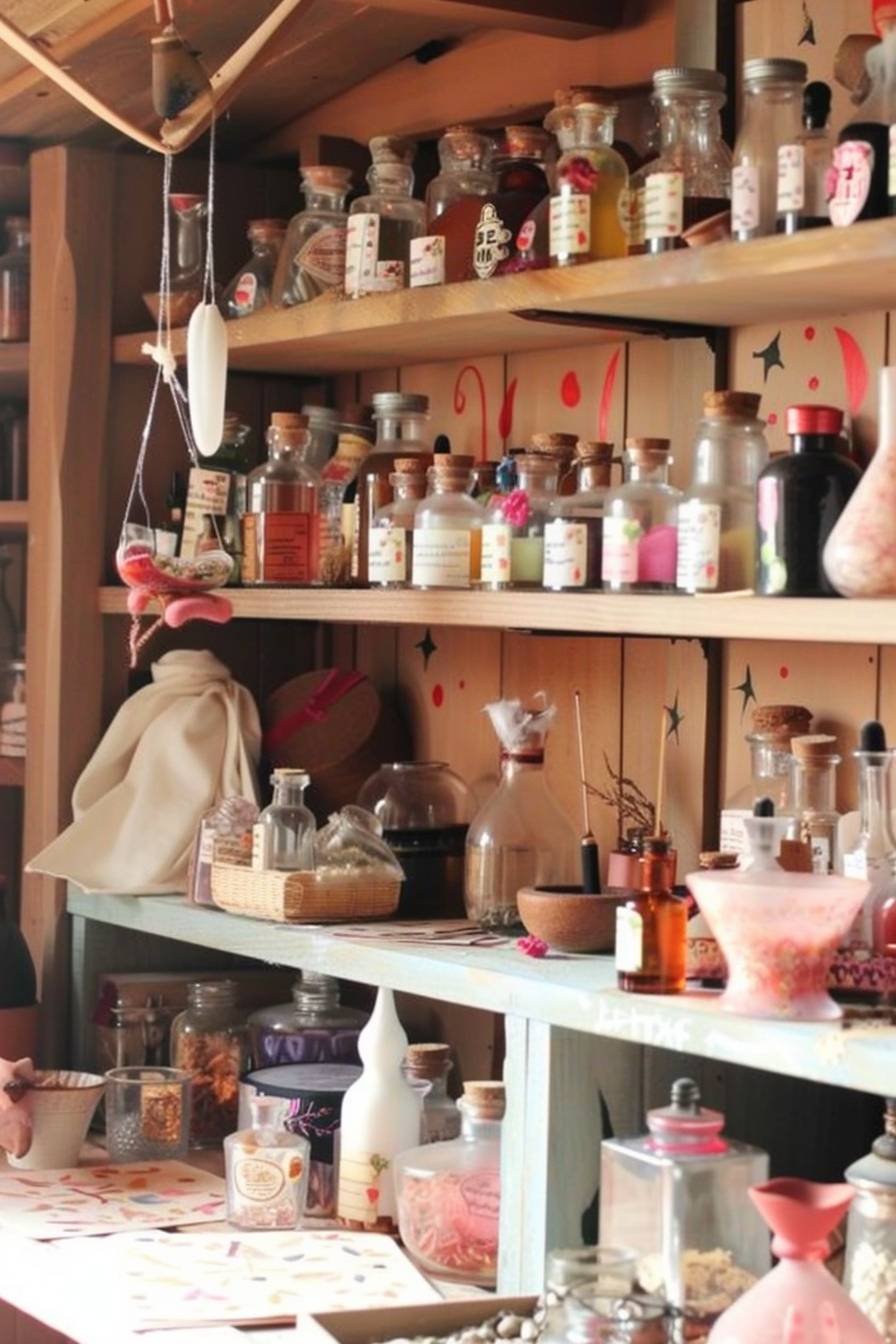 A charming, old-world apothecary shop, with shelves filled with curious potions, herbs, and mystical ingredients