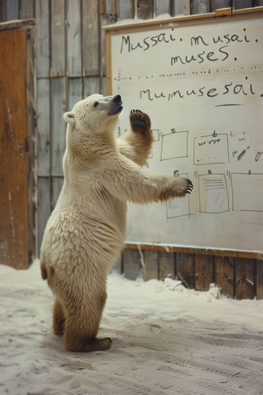 Teacher bear writing on whiteboard: 'musesai.io'