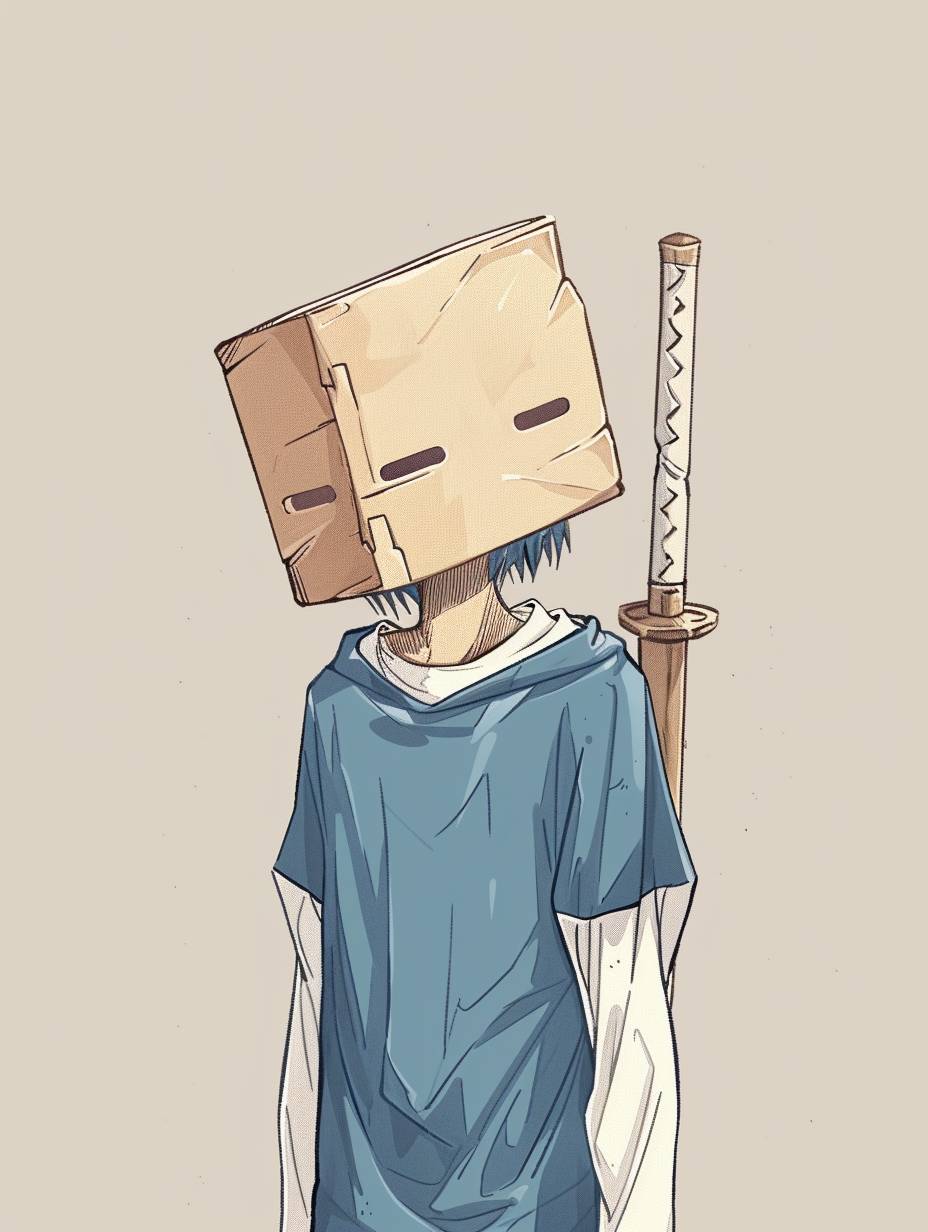 A simple cartoon drawing of an anime character wearing a blue and white long sleeve shirt with his head covered in a square paper bag, holding a wooden sword in his right hand. The background is a plain light grey. Minimalistic style.