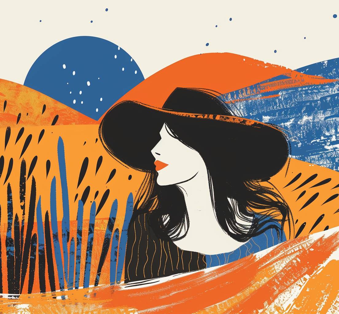 帽子を被った女性が晴れた野原をハイキングする手描きのイラスト。 オレンジ、ブラック、ブルーといった鮮やかな色彩と太い線が特徴。