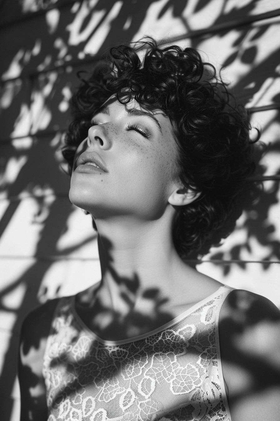 Modern minimal fashion photo portrait in black and white, sunlight and shadow on the face of a beautiful woman model with short curly hair, she is meditating and looking up to the sky while wearing a lace dress. Tree branch shadows fall on her, creating a dynamic pose.