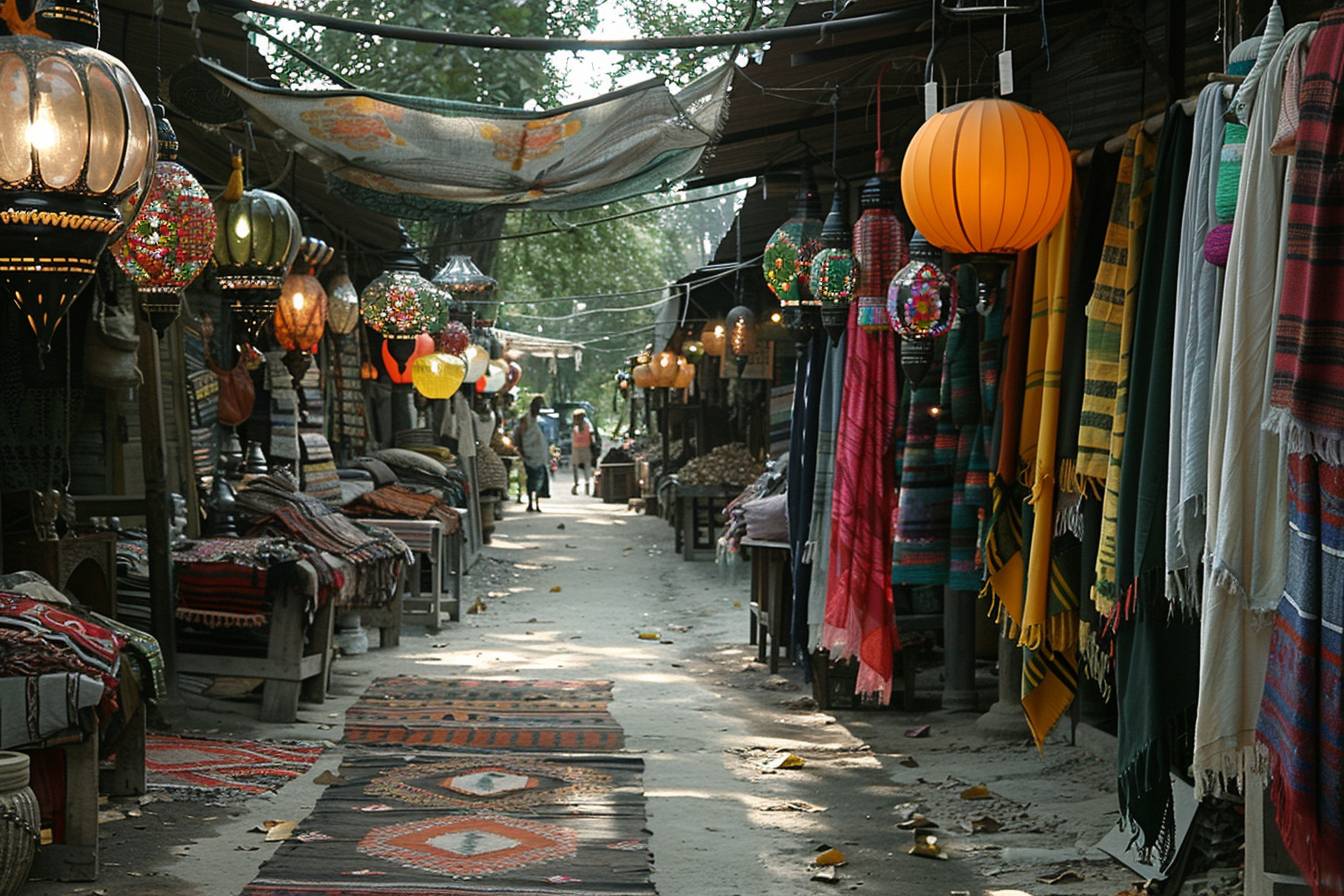 Vibrant exotic market, stalls filled with colorful fabrics and spices, bustling crowd