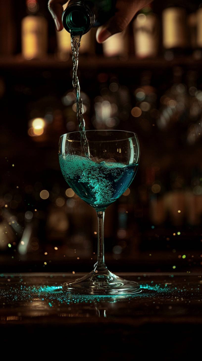 ワイングラスにはブルーのスパークリンググリーンが満たされており、下部の液体が上から流れて2層になっています。手が上品なボトルから注ぎ出し、その前にはダークウッドのバーカウンターが立っています。古い背景で、プロの写真スタイルで、広告写真スタイルで、高解像度です。