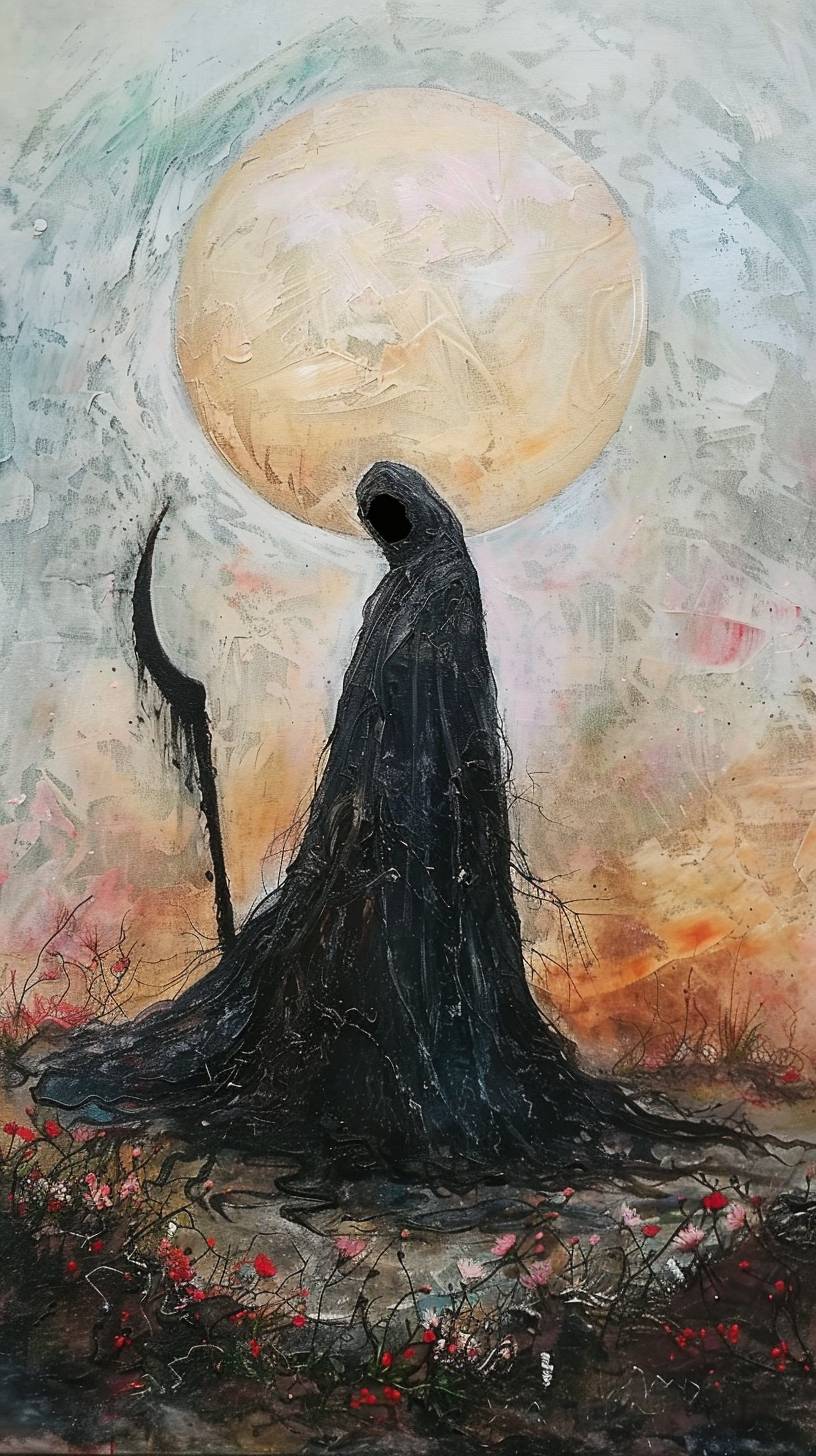 A minimalist painting of a serene yet formidable figure cloaked in black, holding a scythe. She stands in a barren landscape where the remnants of the old lie scattered, signifying the end of a cycle. In the distance, the first rays of a new dawn illuminate the horizon, symbolizing rebirth and renewal. A phoenix rises from the ashes, embodying the theme of transformation and the cyclical nature of life and death. Flowers bloom around the phoenix, representing new beginnings that emerge from endings.