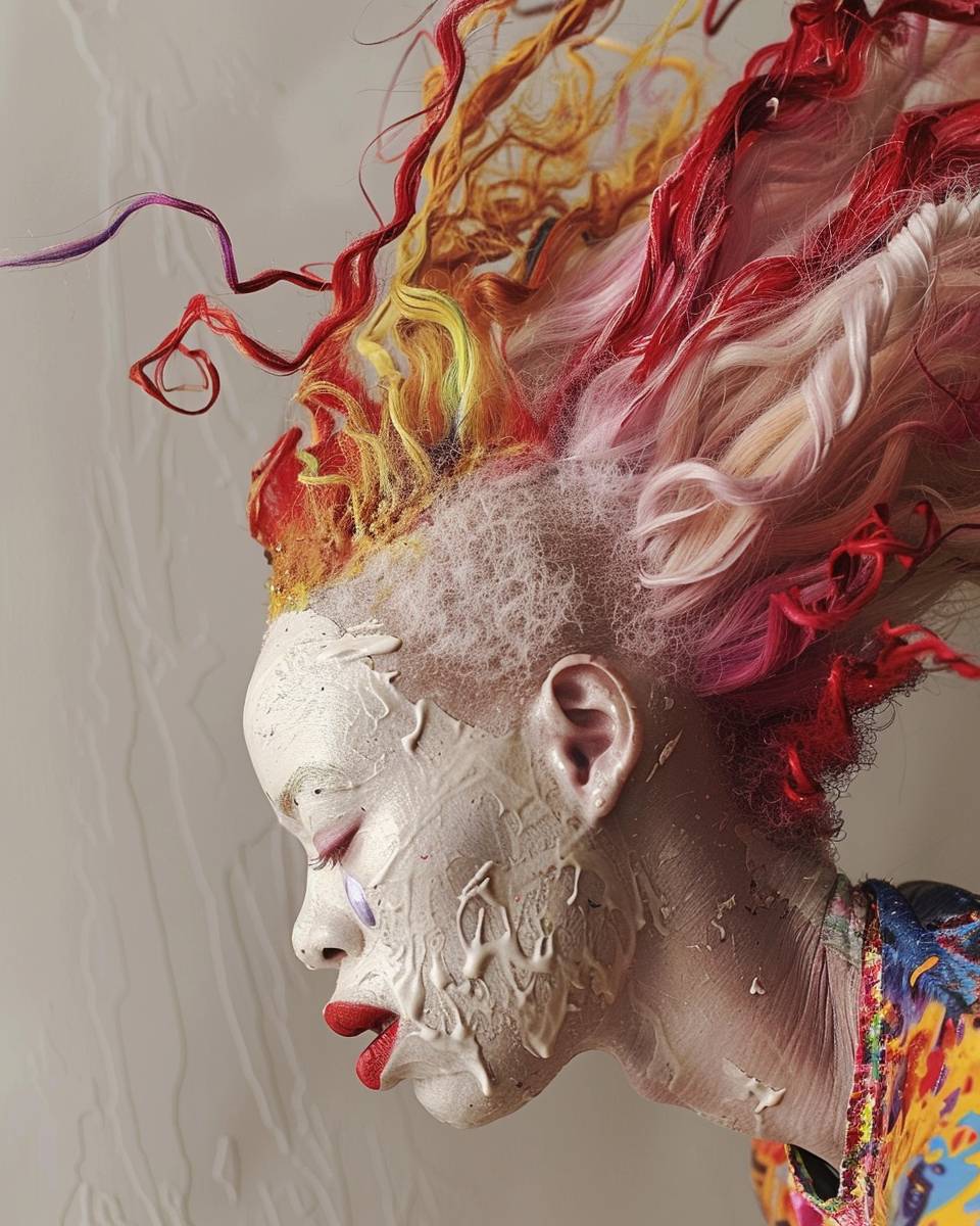 An upside down albino woman with hair painted in colorful cans, highly detailed hair and skin, ultrawhite skin --ar 4:5 --v 6.0