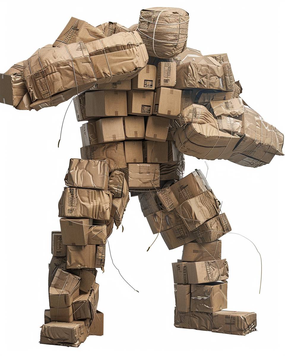 3D videogame animation upper body portrait of a creature made entirely of cardboard boxes, in a wrestling fight position, squared in its shape, only made of cardboard boxes, bubble wrap, tape and shipping stickers, in the style of a Tekken videogame fighter character, half total shot, 00s reference videogame animation style, solid black background