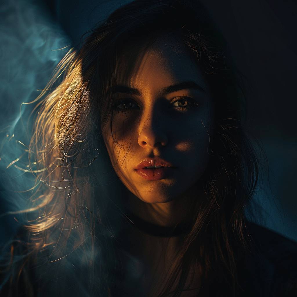 A photograph of [SUBJECT] against a dark background with a mysterious atmosphere and cool color tones, featuring soft side lighting in the portrait photography style with high contrast between light and shadow, glow effect, light leak, bokeh. --v 6.0
