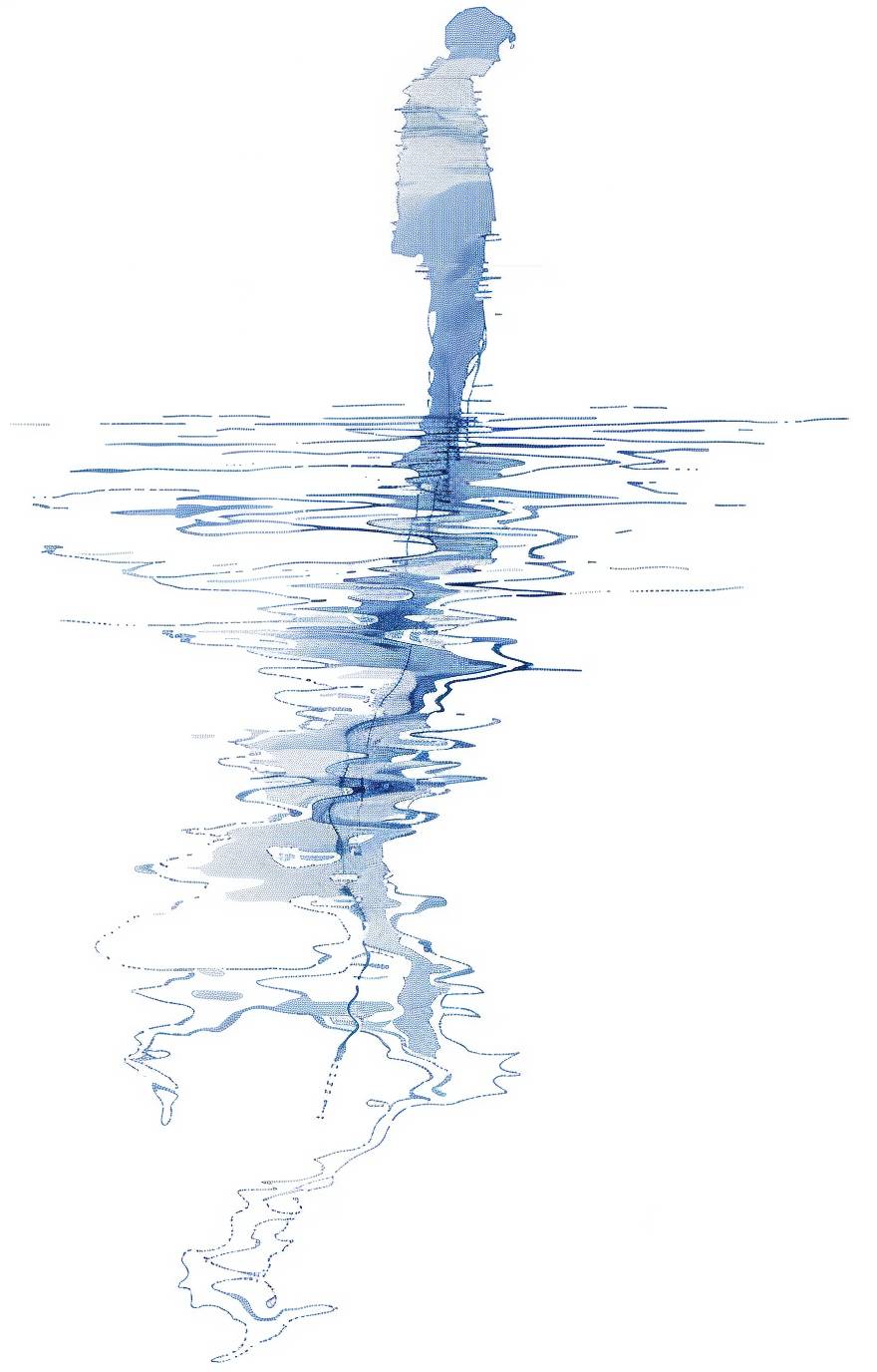 白の背景にシンプルな青いラインのイラスト、水面に人物の反射 --ar 9:14 --v 6.0