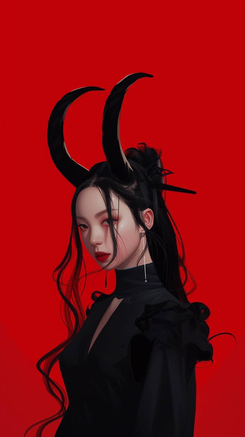 A Korean beautiful idol with horns and beautiful face, in a black outfit in the style of James Jean, against a flat red background, with cinematic lighting, in a minimalistic design, with dark contrast