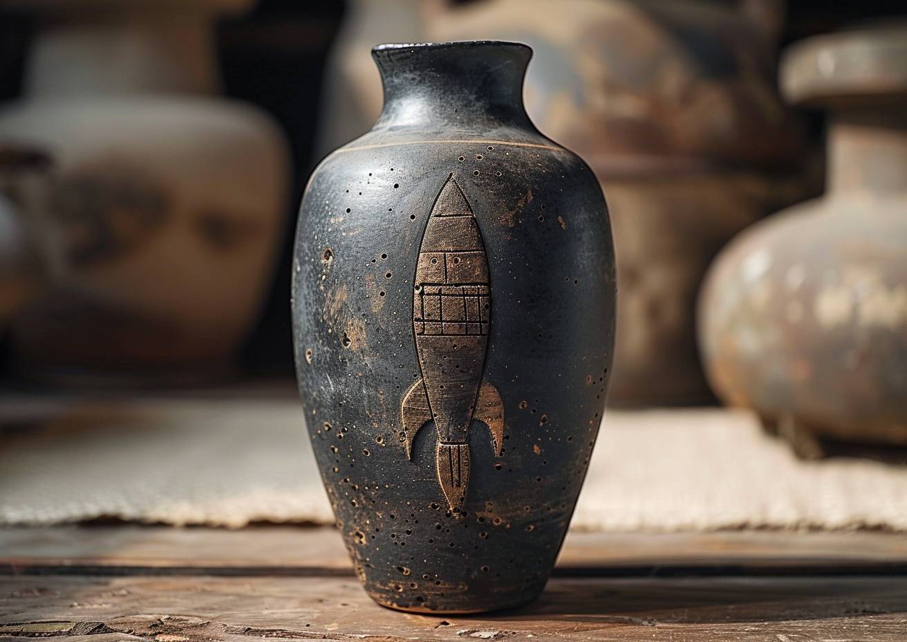 A black-figure storage jar depicting a rocket from the Apollo space program, diffuse lighting, bokeh background