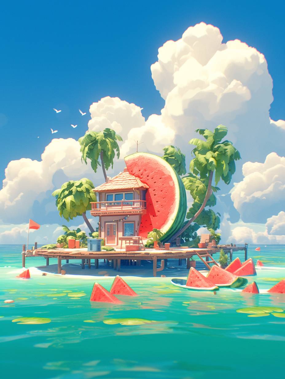 3D illustration of a watermelon house floating on the sea, blue sky and white clouds, cute cartoon design, watermelons scattered around, fantasy landscape background, Asian painting style, Pixar style, soft shading, emotive fields of color, Minimalist style, ethereal landscapes, red and yellow, lovecore style, elegant brushes