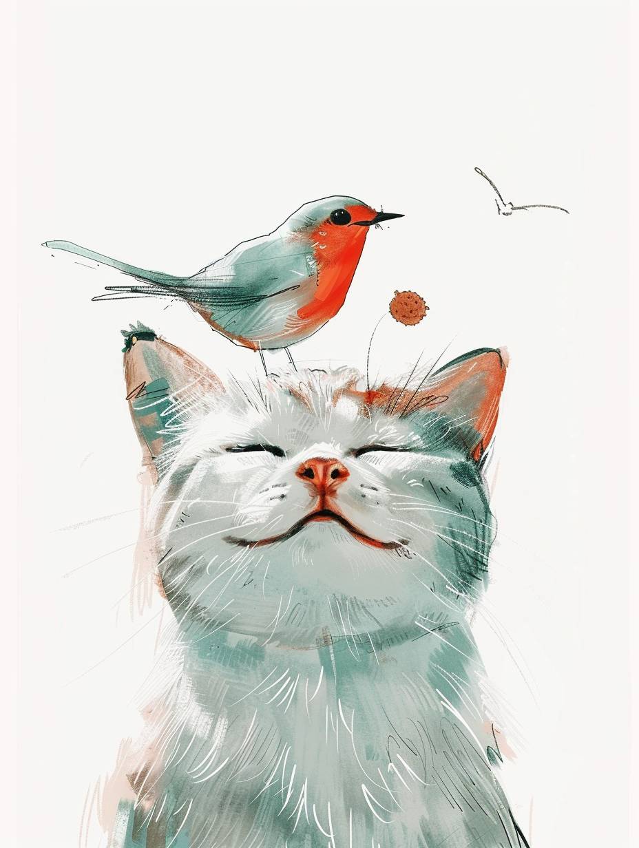 joyful cat with a bird on its head by joey moya, in the style of minimalistic drawings, white background, ultrafine detail, creative commons attribution, mori kei, painted illustrations, serene faces