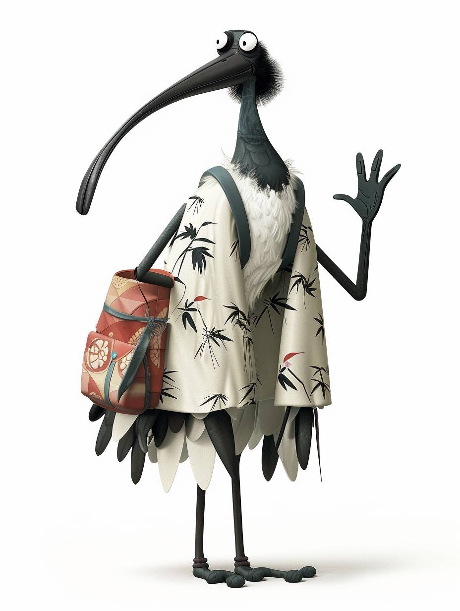 Black-faced Spoonbill wearing Chinese Tang Dynasty clothing, happy expression, waving, carrying a backpack and traveling, flat, long black beak, black face, long black legs, white body, white body, cartoon image, 3D style, blender.