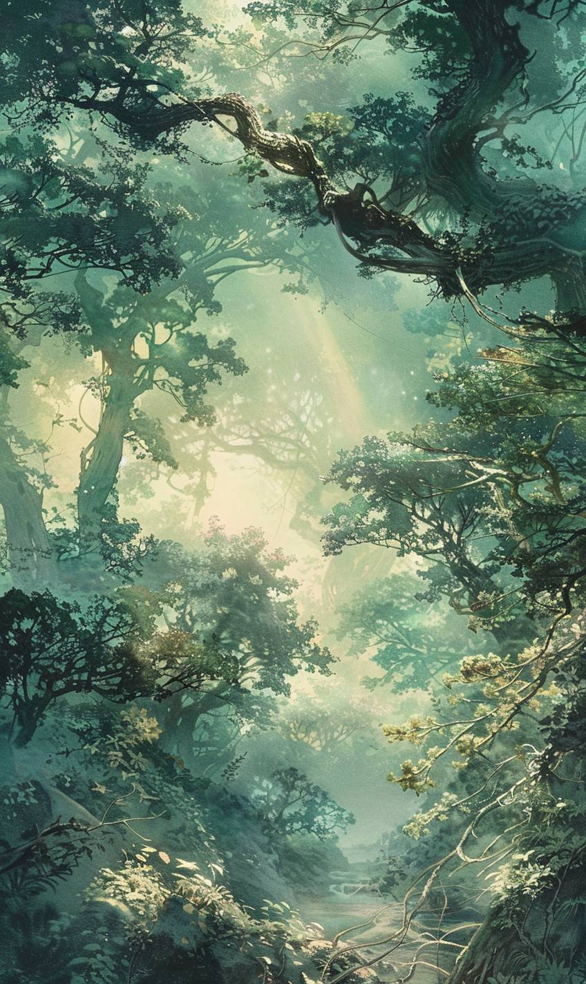 吉田明彦のスタイルで、神秘的な森の中で囁く風