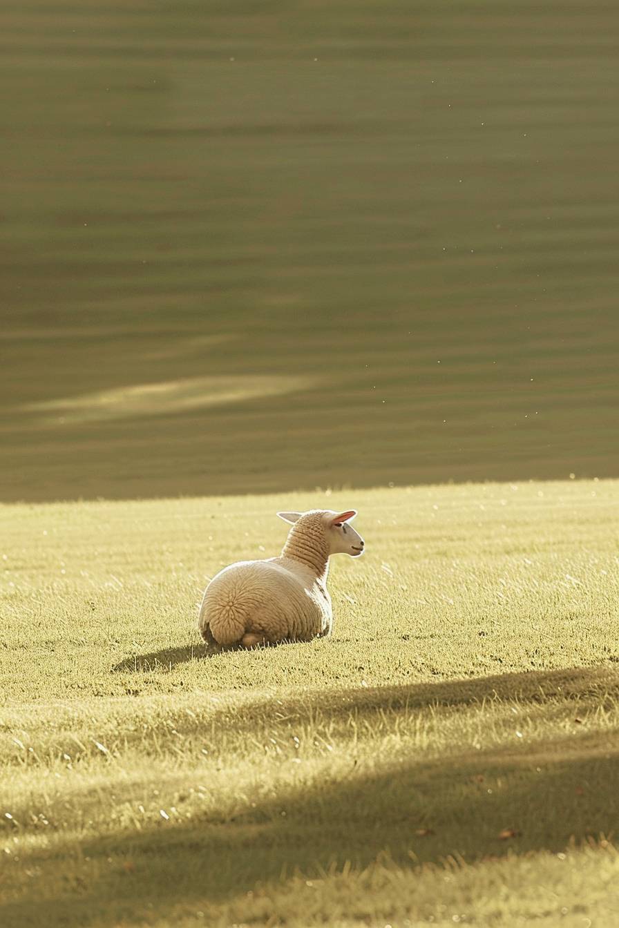 遠くの草地に羊がおり、俯瞰の景色が写実的で、ミニマリストな背景、ストライプ状の配置、正確な線、線形遠近法、影と格子状の光