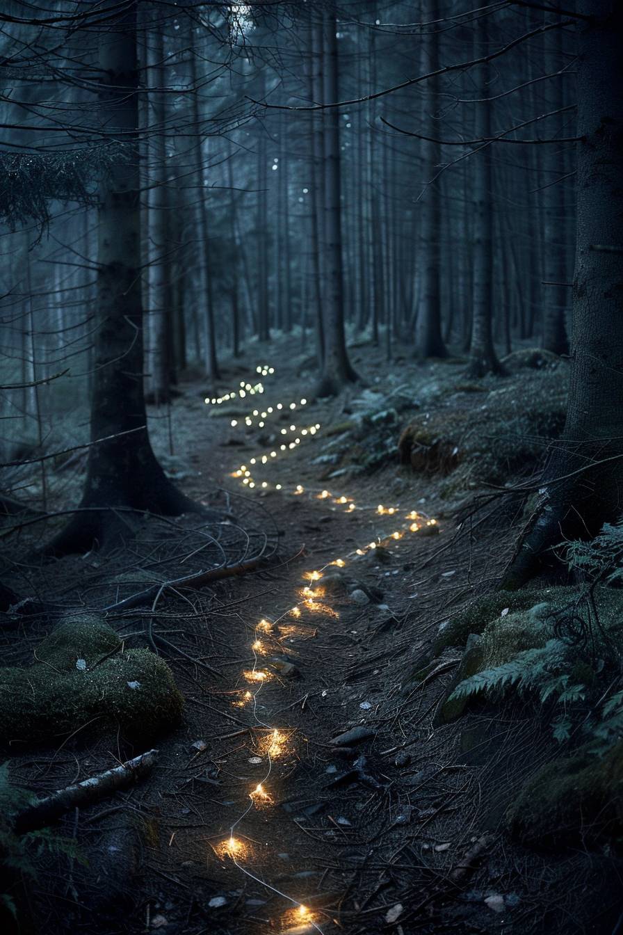 In the style of Scarlett Hooft Graafland, Fairy lights leading the way through a dark forest