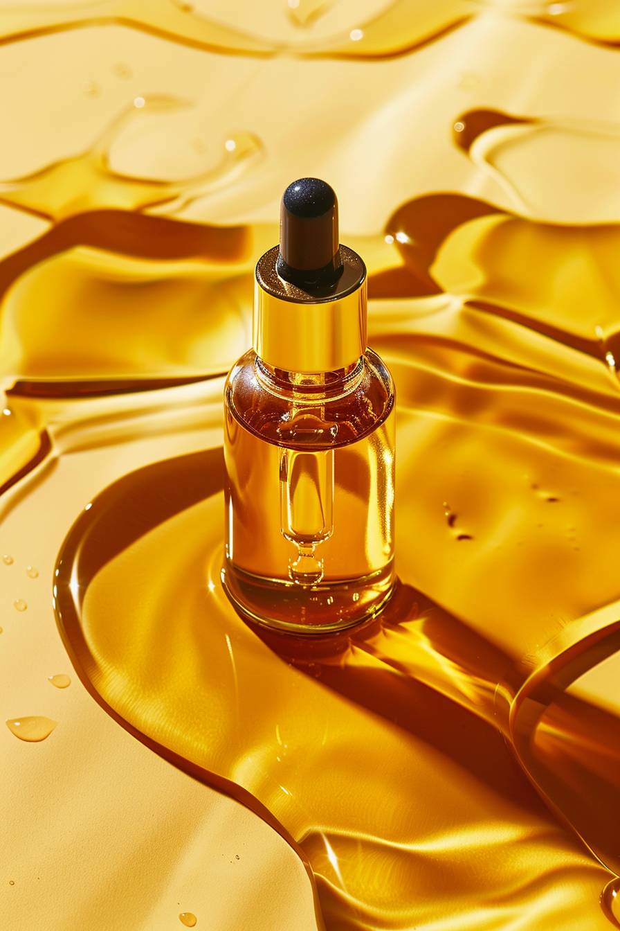 Mockup of gold face serum, creative direction, product styling, product portfolio, product photography, negative space -- style raw -- size 90 -- aspect ratio 2:3 -- version 6.0