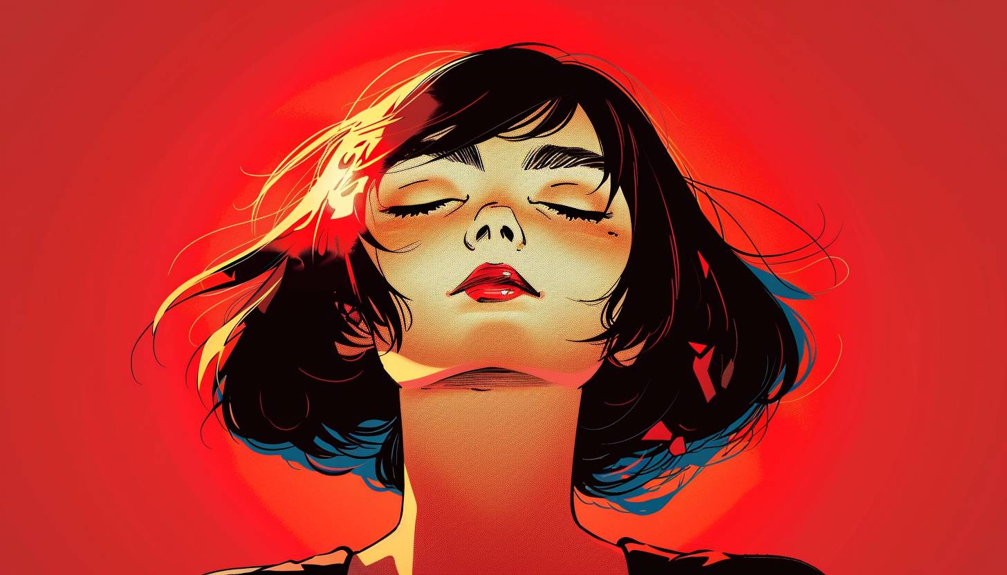 コミックブックスタイルのイラスト、目を閉じた女の子、ショートヘアが流れていて、宇宙の知識を理解しようとしている、真っ赤な背景。