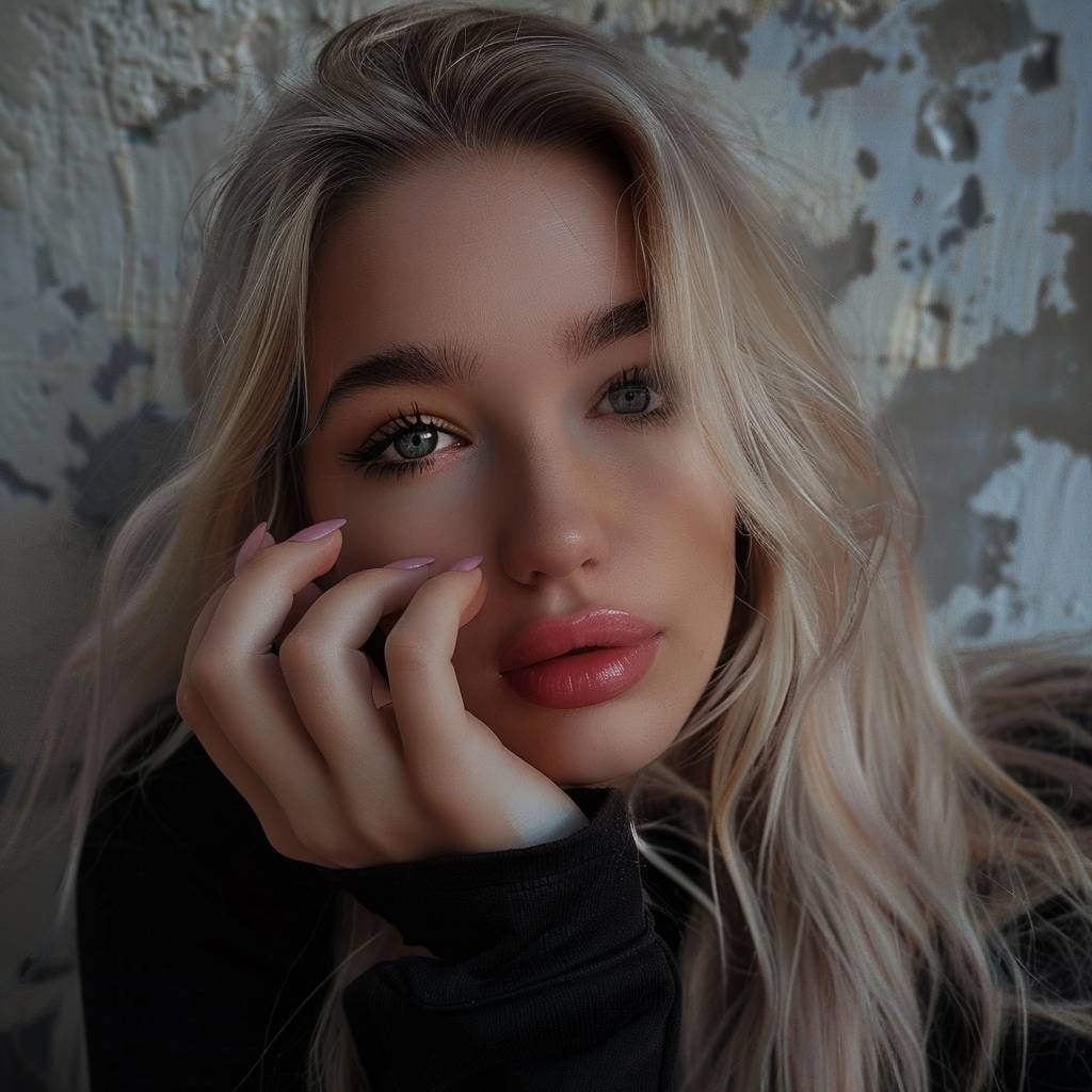 A woman with long blond hair and pink nails, in the style of light black and light beige, Cluj school, expressive eyes, webcam, soft edges, Allyson Grey, dreamlike quality