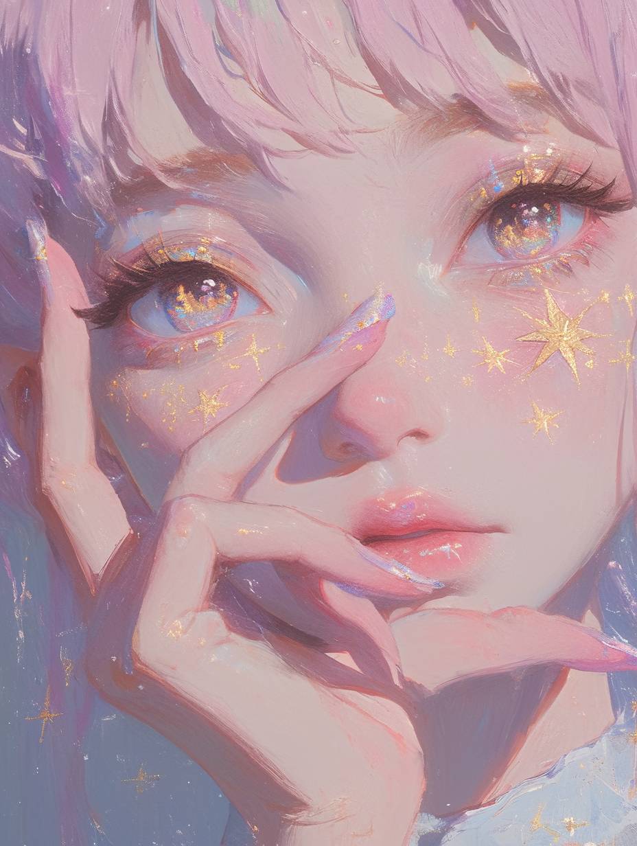 A close-up of the face of a beautiful girl with pink hair and golden eyes. Long eyelashes, golden stars decorate her eyelids, and her lips have a slight blush. Her hands touch her face, her fingers are slender, and she has a beautiful long manicure. Soft and gentle colors are used with surreal portrait styles and fantasy illustrations. The ethereal background provides a lovely cartoon design, baodada, softly lighting up the dreamlike setting. Digital art technology showcases detailed strokes in high resolution in the style of a fantasy illustrator.