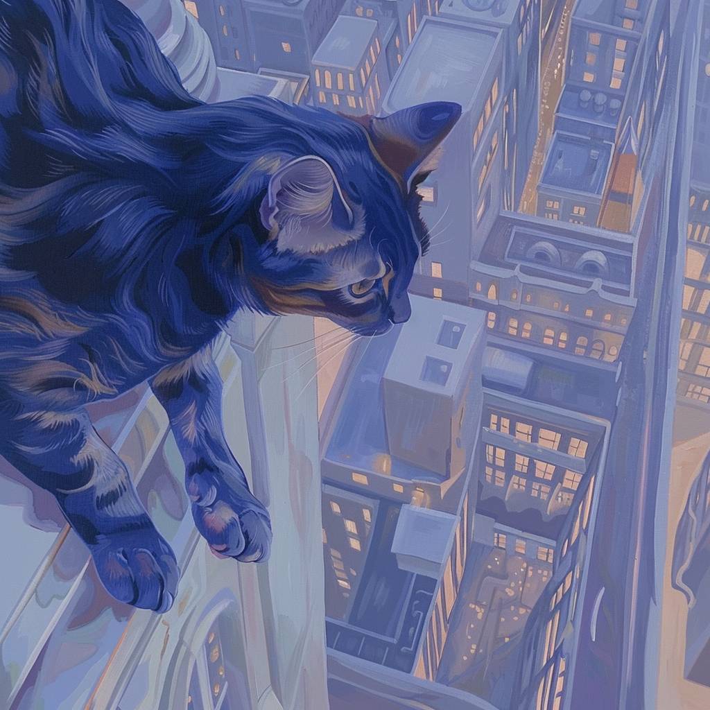 An illustration of the POV of a cat on a high building watching the city, vertigo