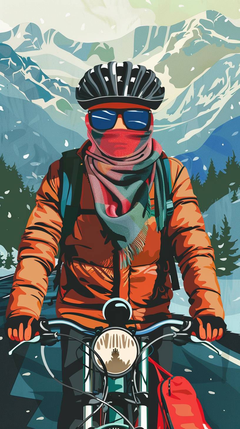Cartoon style poster of an Asian man cycling with a backpack and luggage on the Xizang highway. The poster is a high shot with a close-up of the man's face, wearing cycling sunglasses and a windproof face scarf.