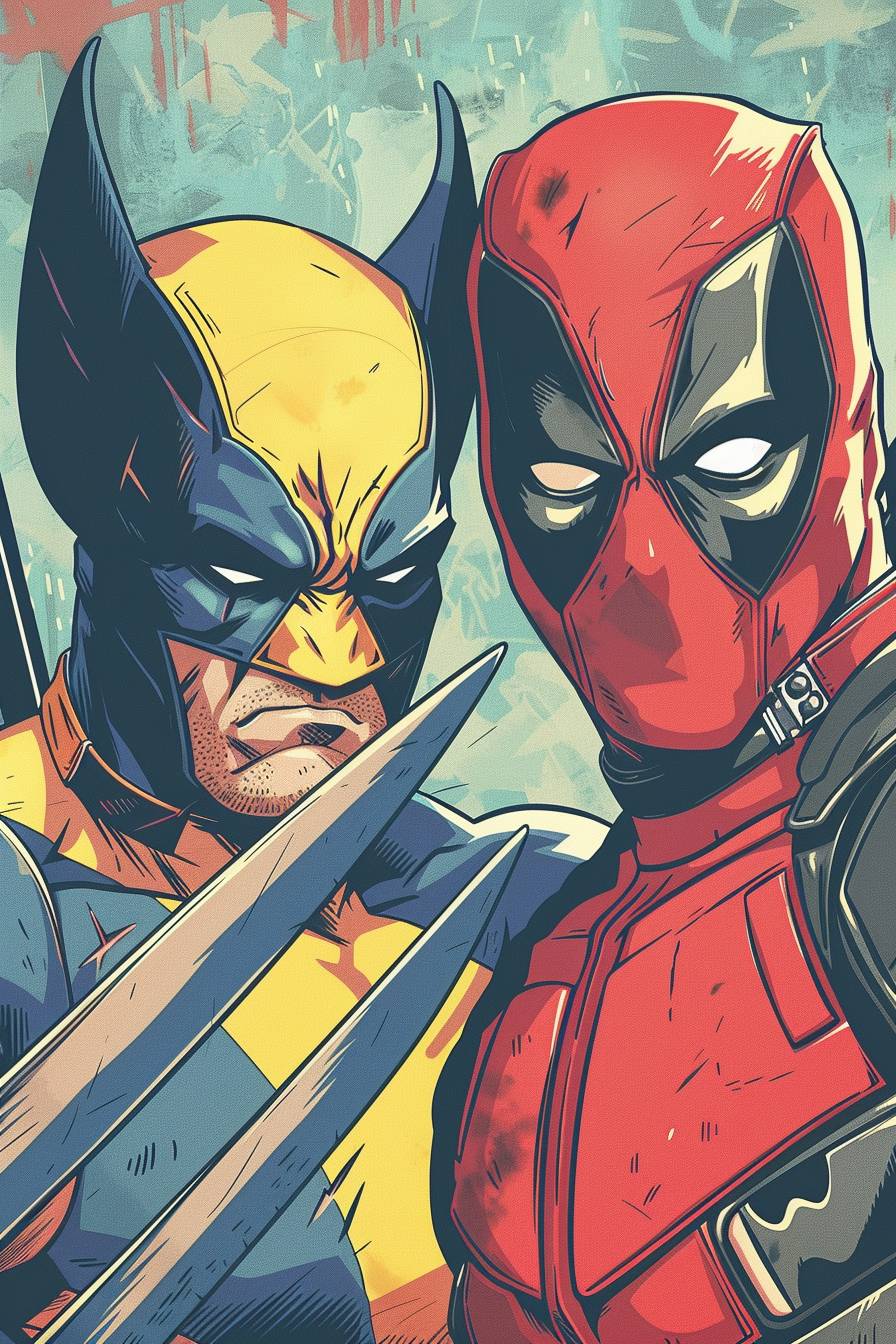 Comic book illustration of two Marvel anime characters, one of them is Wolverine played by Hugh Jackman without a mask, the other is Deadpool, 80's comic book style, simple lines, American comics, 2d, flat illustration, very contemporary