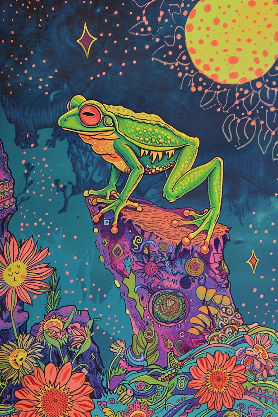 A full body drawing of The Fool Character as a frog stepping off a cliff into an unknown world: Beginnings, innocence, spontaneity. a retro 70's theme with paisley, diamonds, and flowers for a tarot card system. colors are solid and pastel. art is bold with clean lines.