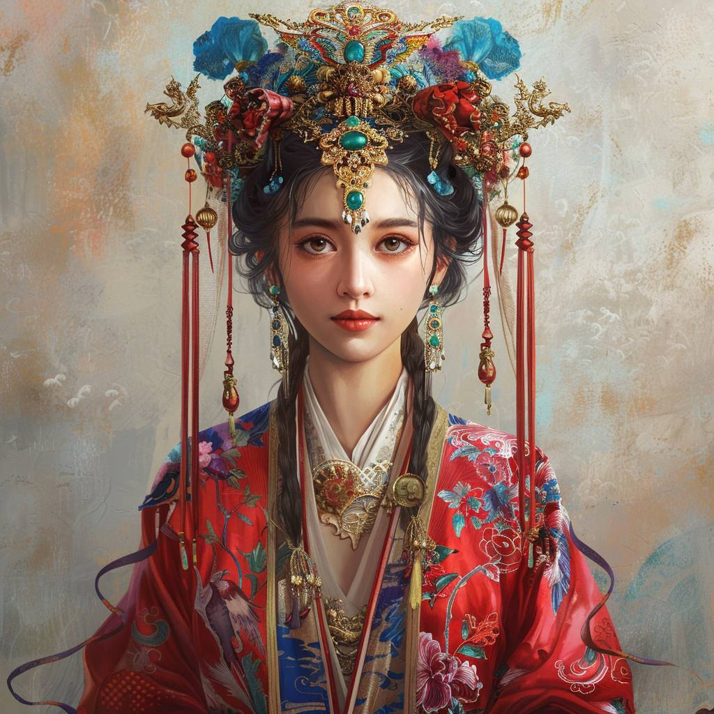 Illustrating a character wearing traditional attire from the Song Dynasty in China. Employing the Song Dynasty's characteristic dark and light color tones, hyperrealistic illustration, bold color choices, and meticulous brushwork in a symmetrical composition for a full-body portrait --v 6.0