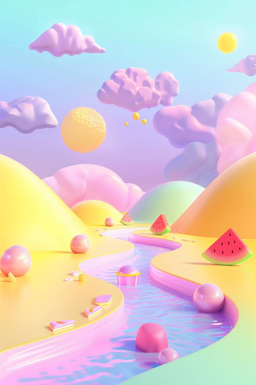 Colorful and happy pastel minimalist background, childish, suitable for summer camp for young children, joy, light, freshness, watermelon, ice cream, sea, summer, freedom, path, track, colors yellow, light blue, purple, 3D, anime, clay-made cartoon, high quality