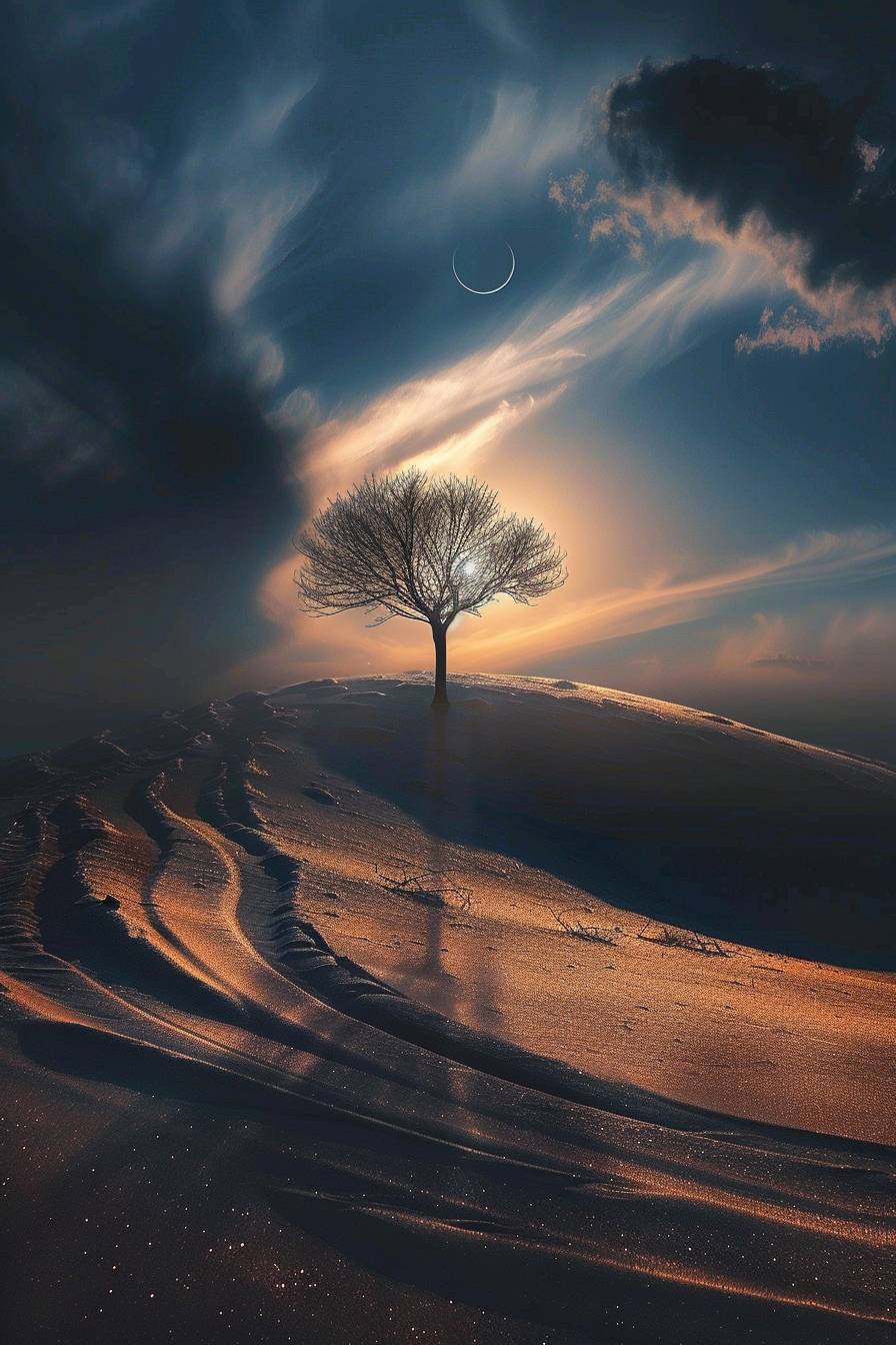 In style of Miki Asai, Lunar eclipse casting shadows across the land