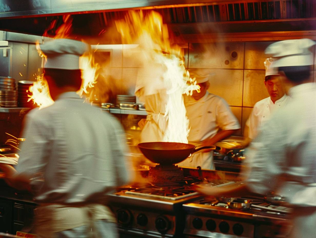 Three chefs in a busy kitchen. Focus and coordination. Flaming wok. New York restaurant. Evening in 1978. Stainless steel appliances, bustling staff. Medium shot, waist up. Captured with a Leica M3, Kodak Portra 400 film. Warm light from the flames, motion blur, vivid colors.