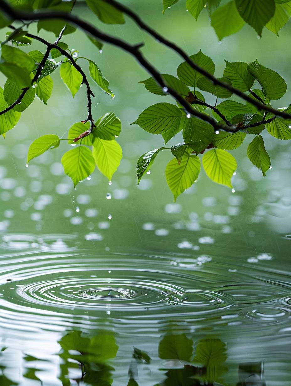 Raindrops creating ripples in the water, with green leaves visible on the surface, symbolizing nature's tranquility and harmony. The background is blurred to emphasize rain droplets and tree branches. This scene captures the beauty of springtime rain and its connection to natural elements.