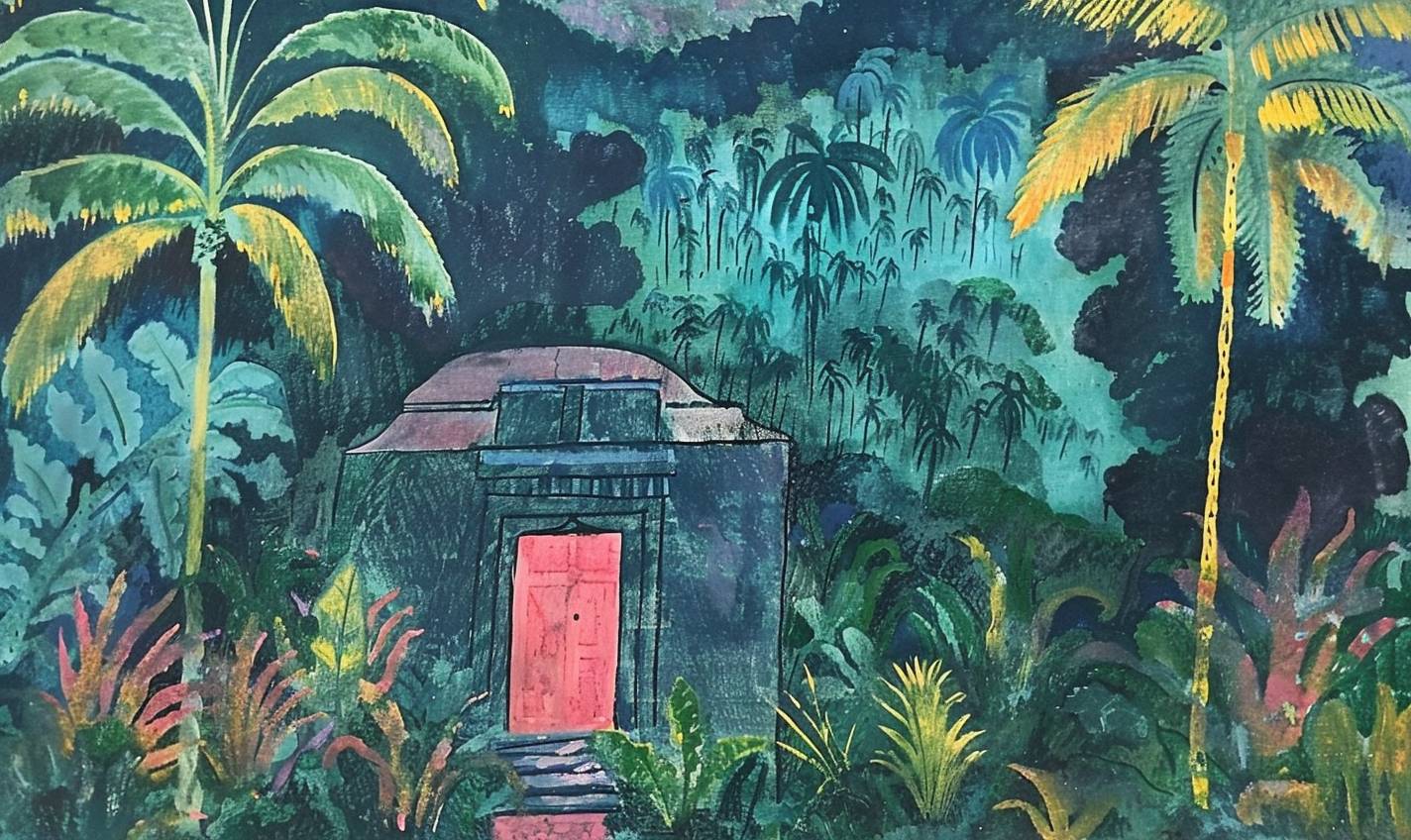 In the style of Milton Avery, a forgotten temple hidden in the jungle