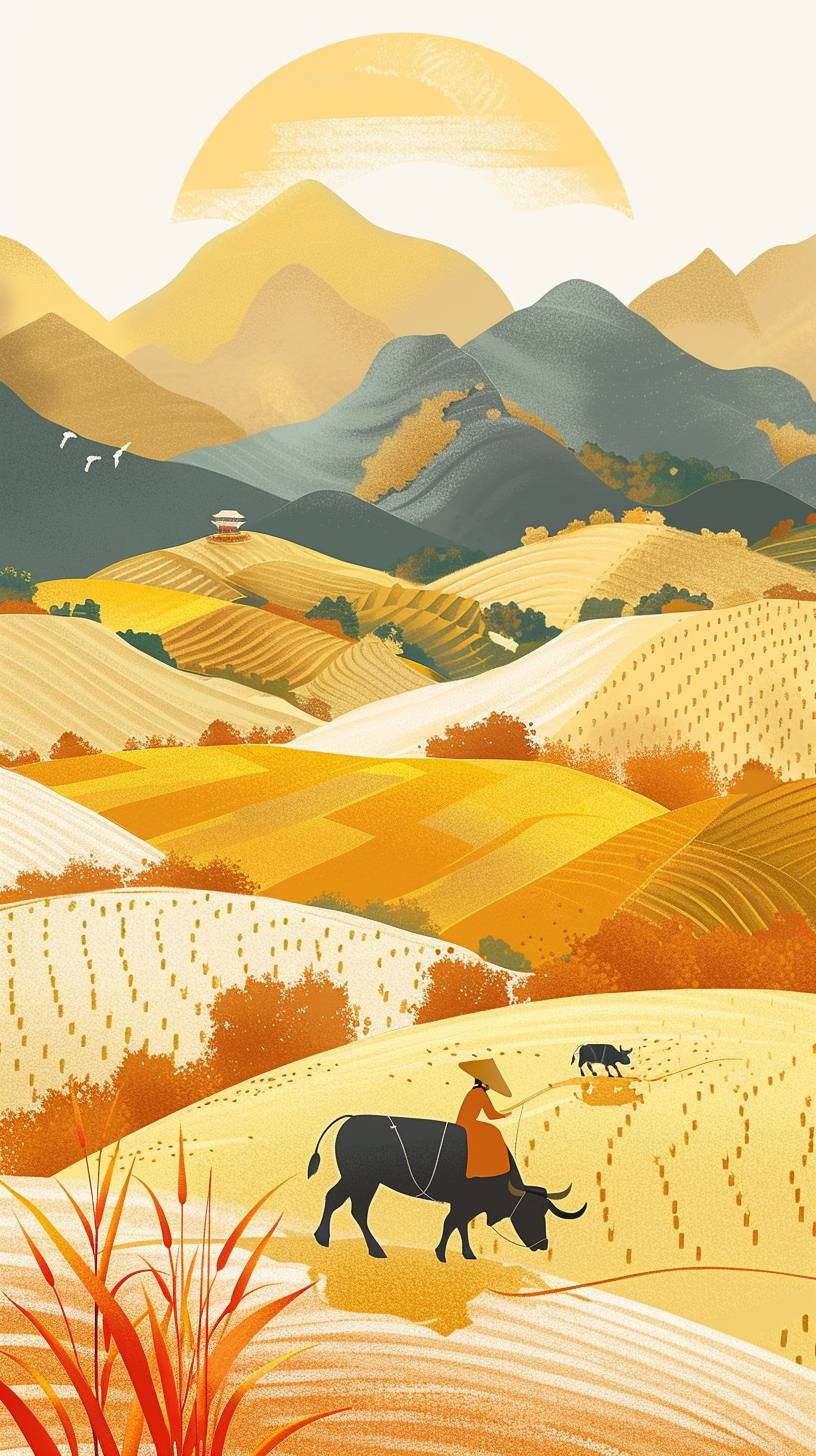 A poster of an ancient Chinese man and woman plowing the rice field with oxen, surrounded by golden rice fields in light yellow and orange styles. The simple illustrations have a minimalist and high definition poster style. Golden mountains can be seen in the distance, with some farmers working in the fields. It is a flat illustration with a cartoon-like vector art style, featuring colorful landscapes with high resolution and detail.