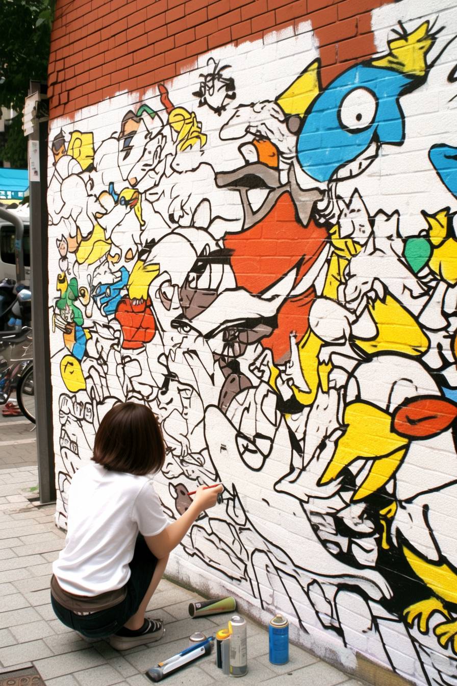 鮮やかなストリートアートシーン。レンガの壁にカラフルな壁画を描く女の子が、活気溢れる創造的な都市環境を捉えている