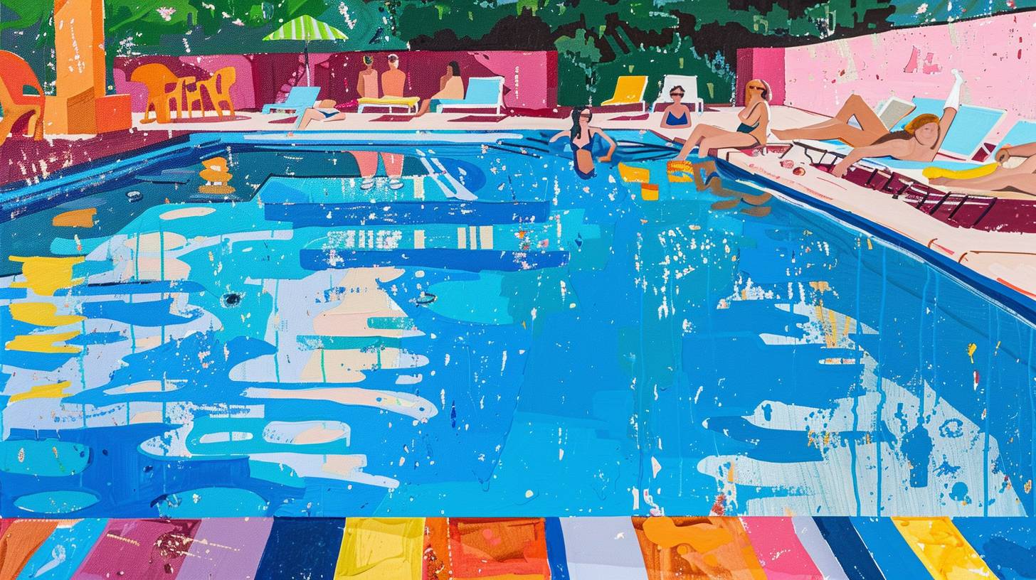A bright and vibrant scene of people relaxing by a swimming pool, inspired by David Hockney. The water should be depicted in vivid blues, with reflections and ripples, surrounded by colorful poolside furniture and happy, sunbathing individuals.