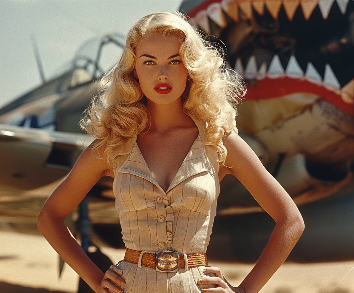 A vintage pin-up of a blonde-haired, blue-eyed woman, wearing a air force uniform from the 1950's with heels, hands on hips looking straight ahead, standing next to the nose of an WWII airplane with a shark's mouth as the nose -- chaos 10 -- aspect ratio 6:5 -- style raw -- stylize level 800 -- version 6.0