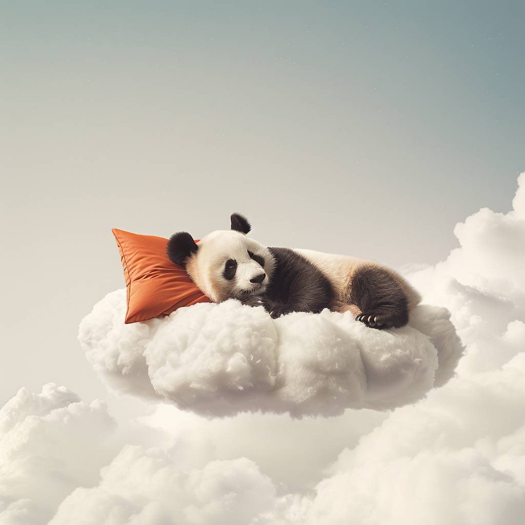 Commercial photography, surrealism, realism, a panda sleeping on a cloud bed floating in the sky, with a cloud blanket and a cloud pillow, smiling, happy, cozy, white and orange tone, white background, bright space, minimalist style, advertising grade photography, super detail.