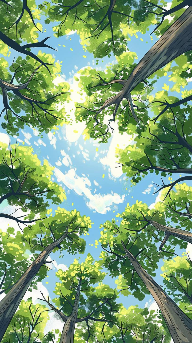 幼児向け絵本の挿絵スタイルで描かれたグリーン葉を持つ木々の空の景色、フラットカラー、広角レンズ使用
